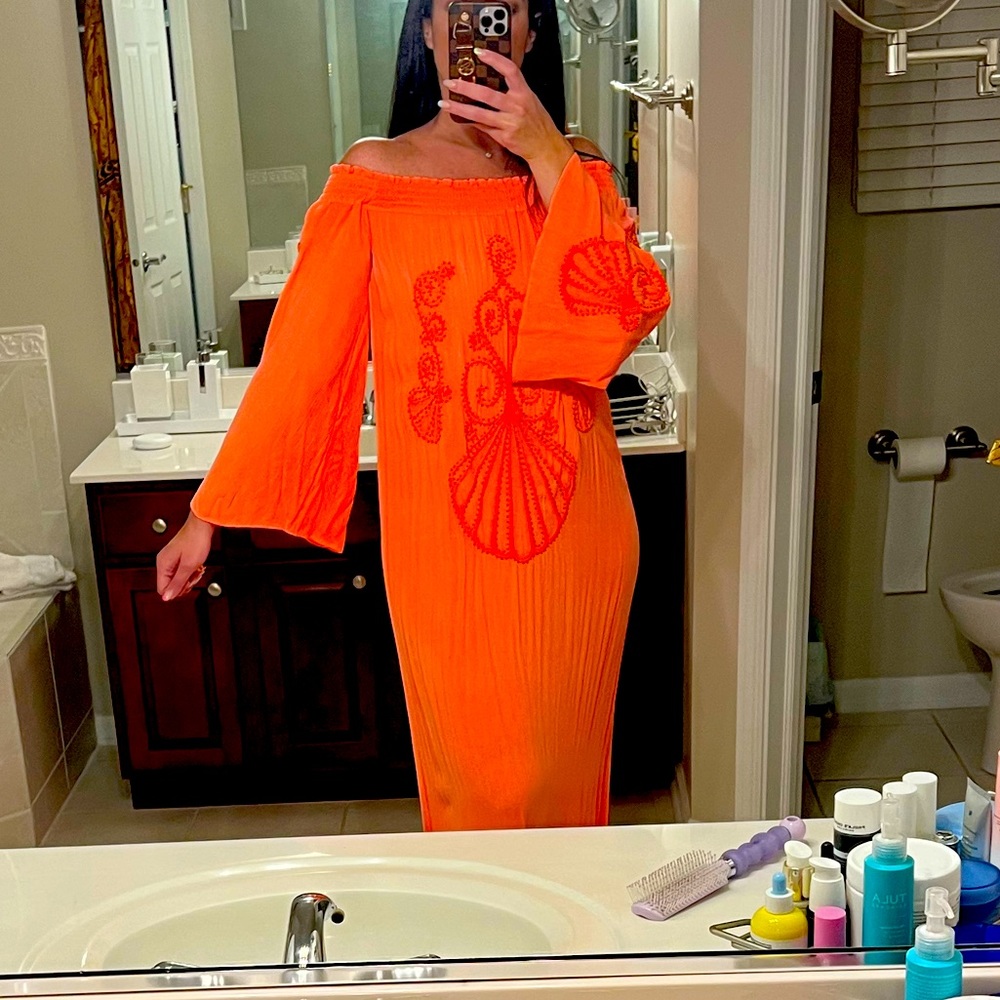 Bright orange / mango maxi off the shoulder dress